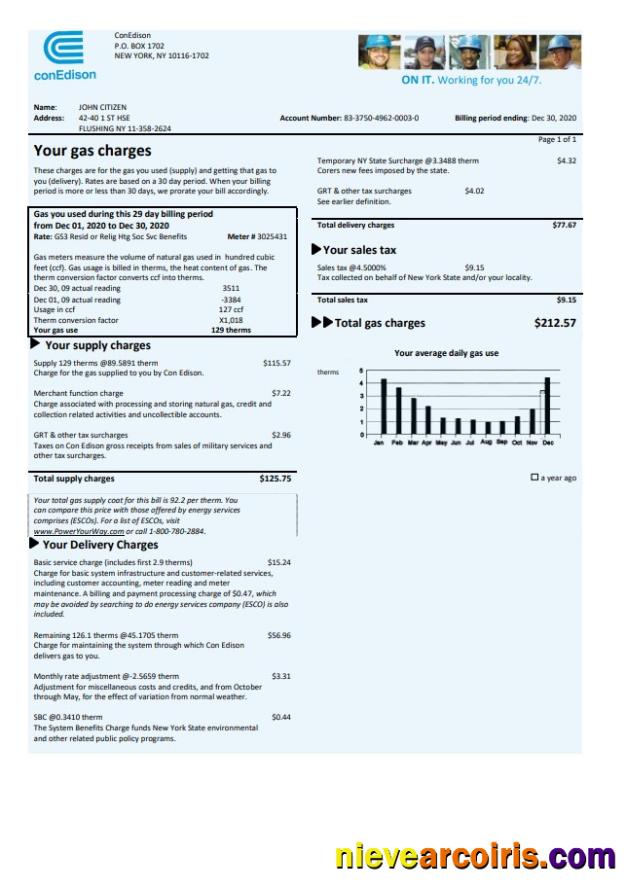 USA Con Edison gas utility bill